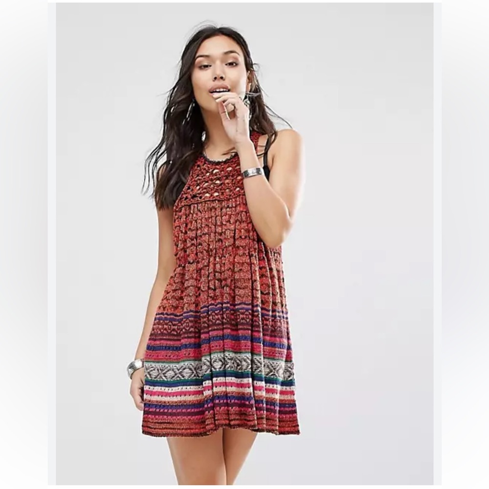 NWT Free People red hearts tunic sweater dress Santa Fe size S crochet